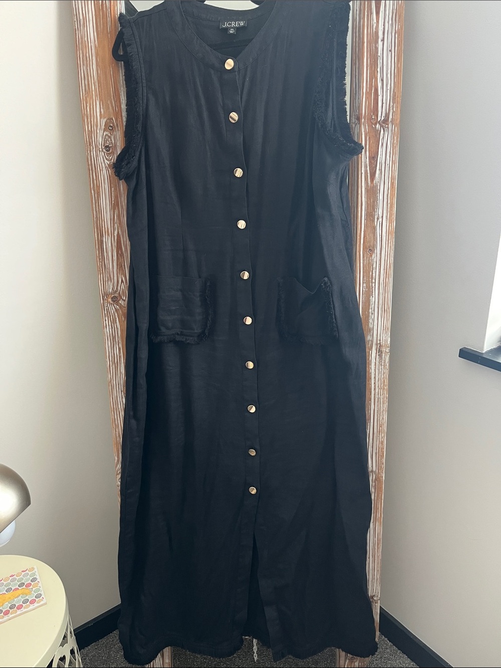 J. Crew Black Sleeveless Button-Front Maxi Dress with Gold Buttons